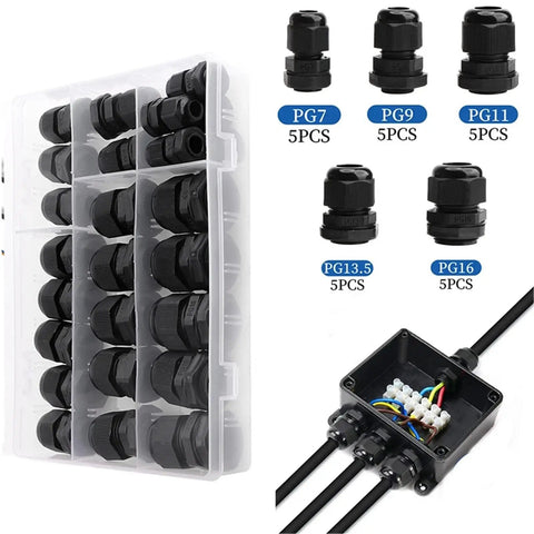 Heavy Duty Waterproof Cable Glands 25 Pack IP68 Entry For 3 To 6.5mm Nylon Plastic Connectors With Durable Box, Tight Seal