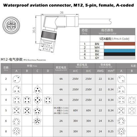 M12 A Coded 5 Pin Female Actuator Sensor Cable With Right Angle Connector specifications and wiring details