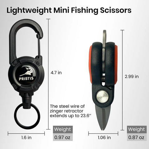 Mini Fishing Scissors Line Cutter Kit With Compact Stainless Steel Blades and Non Slip Handle, dimensions and weight displayed.