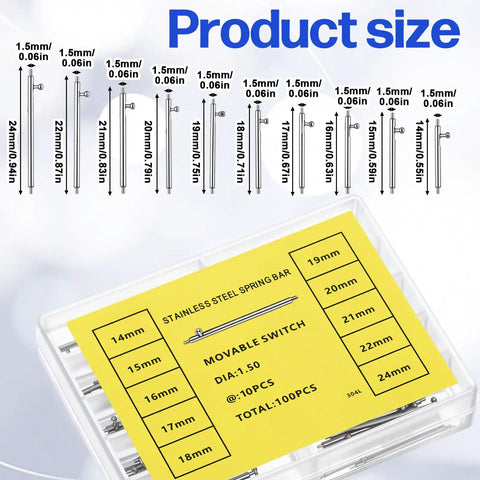 Solid 100 Piece Watch Spring Bar Kit With Quick Release Pins And Rust Resistant Alloy For No Sweat Strap Swaps Across 14mm To 26mm Sizes showing spring bar sizes 14mm to 24mm.