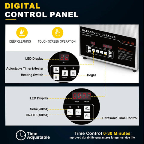 Digital control panel of Pro Grade Straight Up Ultrasonic Cleaner With 6 Liter Digital Tank, featuring LED displays and touch buttons.