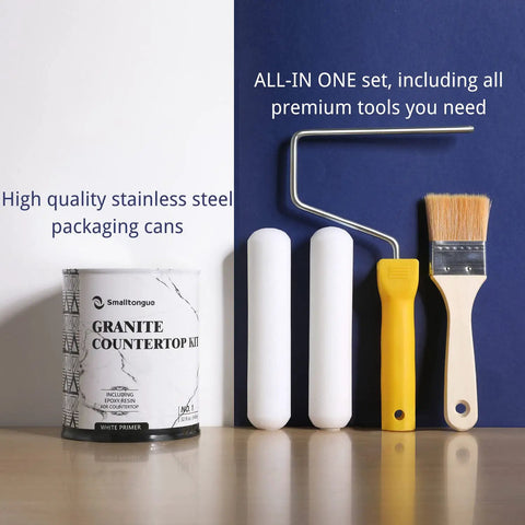 All-in-one kit with roller, brush, and can for Three Step DIY Friendly Countertop Makeover Kit With White Marble Finish Epoxy Resin Topcoat