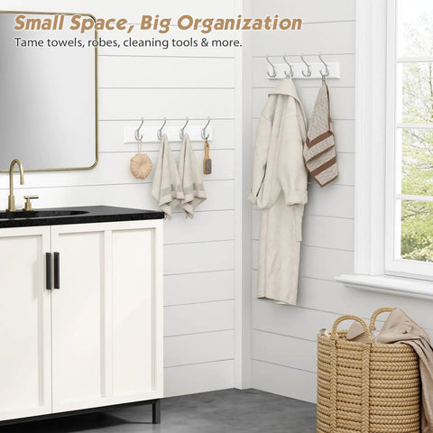 White Wall Mount Coat Rack 4 Pack With 16 Hooks The Go To Key Holder And Bag Hanger For Closet Hats Belts Purses Backpacks Leashes Space Saving Wall Organizer For Home And Hallway mounted on bathroom wall holding towels and robes.