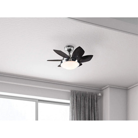 Quince 24 Inch Indoor LED Ceiling Fan With Light, Chrome Finish, Downrod Only Installation, visible in modern room setting