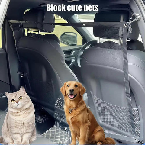 Heavy Duty Mesh Pet Gate For Tesla Cybertruck showing dog and cat blocked from front seats, ideal for pet safety.