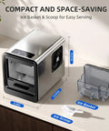 Countertop Nugget Ice Maker Serving Up 35 Pounds Daily In Five Flat with ice basket and scoop on a kitchen counter.