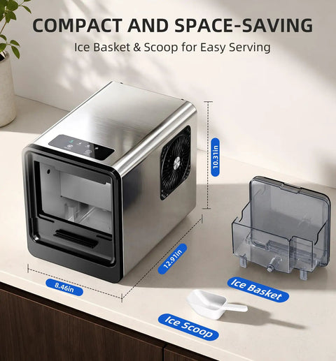 Countertop Nugget Ice Maker Serving Up 35 Pounds Daily In Five Flat with ice basket and scoop on a kitchen counter.