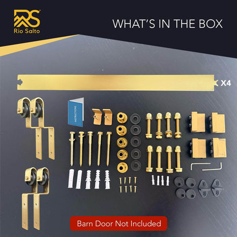 Gold Bypass Barn Door Hardware Kit For Double Doors 79 Inch Single Track Aluminum Rail With Brushed Brass Finish Hardware Only Includes All Mounting Hardware For Quick Hang Of Two Panel Doors on display