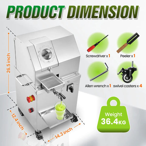 Commercial Sugar Cane Juicer Machine With Stainless Steel Juice Press And 110V Power Source with included tools and measurements.