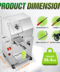 Product dimensions of Gotta Love This Commercial Sugar Cane Juicer Machine With Stainless Steel Juice Press, showing size details and accessories.