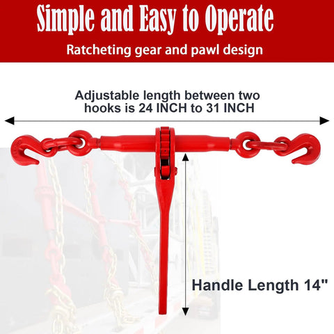 Heavy Duty 5/16-3/8 Inch Chain Binders Set Of 2 With 5/16 X 10 Ft Chains, Grade 70 Load Transport Bindings And Chains, Grappling Hook, 9,200 Lbs Working Load Capacity showing adjustable ratchet tensioner.