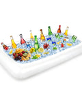 Large Inflatable Ice Serving Bar For Food And Drinks, Floating Buffet Cooler Tray With Drain Plug, filled with ice, bottles, and fruit