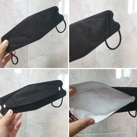 KF94 4 Layer Protective Face Mask 100 Count Black For Adults And Older Kids Individually Wrapped Made In South Korea Certified Safe Breathable Comfort Top Notch Filtration, showing close-up of black material and ear loops.