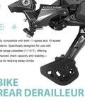 Ten To Eleven Speed Rear Derailleur For Mountain Bikes Direct Mount 11T To 46T Gear Range, close-up of derailleur gears.