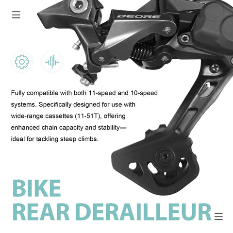 Ten To Eleven Speed Rear Derailleur For Mountain Bikes Direct Mount 11T To 46T Gear Range, close-up of derailleur gears.