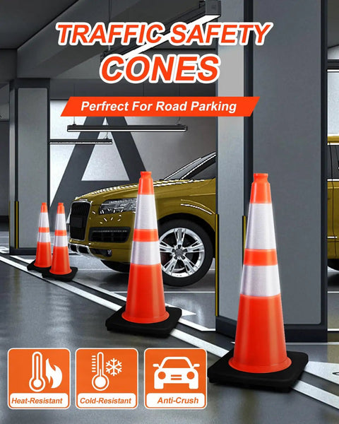 Eight 28 Inch Orange PVC Traffic Cones With Black Base, Heavy Duty Construction Safety Cones For Roadway And Parking
