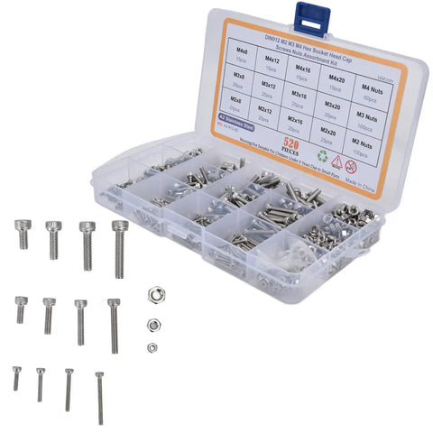 Hefty 304 Stainless Steel Hex Socket Cap Screw Nut Kit With Internal Hex Drive To Resist Stripping For Electronics and precision instruments, 520 pieces in a storage box.