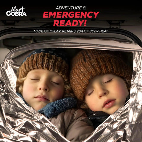 Two children wrapped in 4 Pack Space Mylar Blankets For Survival Gear And Cold Weather Warmth, Prepper Ready Thermal Blankets