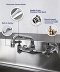 Real Deal 8 Inch Wall Mount Commercial Kitchen Sink Faucet Featuring Badass Solid Brass Build Ridiculously Slick Chrome Shield And Dead Simple Heavy Duty Restaurant Jobs, showing built-in aerator and chrome finish.