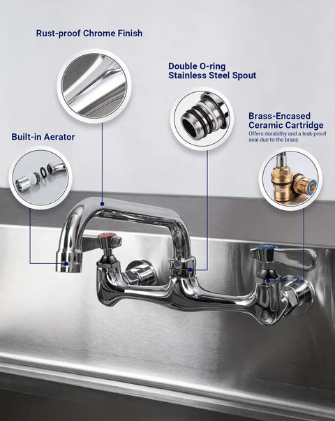 Real Deal 8 Inch Wall Mount Commercial Kitchen Sink Faucet Featuring Badass Solid Brass Build Ridiculously Slick Chrome Shield And Dead Simple Heavy Duty Restaurant Jobs, showing built-in aerator and chrome finish.