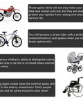 Image of bicycles, motorcycle, stroller, and wheelchair showing applications for 72Pcs Spoke Skins Wraps Set For 19 To 21 Inch Wheels Universal Fit For Motorcycle Bicycle Dirt Bike Wheelchair Sky Blue Spoke Covers And Wheel Decoration Dope Look Lightweight Durable Vinyl Protection.