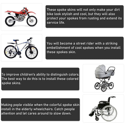 Image of bicycles, motorcycle, stroller, and wheelchair showing applications for 72Pcs Spoke Skins Wraps Set For 19 To 21 Inch Wheels Universal Fit For Motorcycle Bicycle Dirt Bike Wheelchair Sky Blue Spoke Covers And Wheel Decoration Dope Look Lightweight Durable Vinyl Protection.
