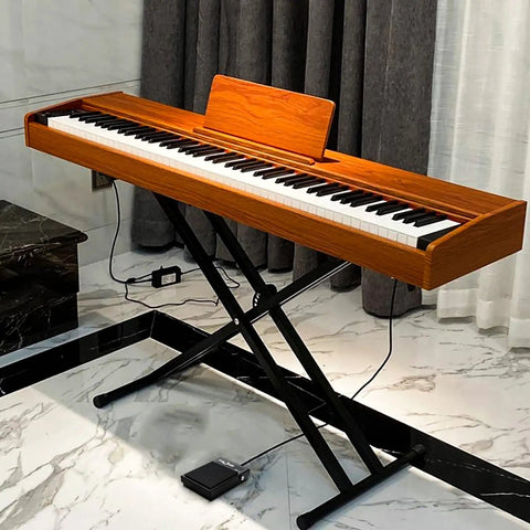 Compact All Metal Sustain Pedal For Keyboards Digital Pianos Synthesizers Tone Modules And Drum Machines With Quarter Inch Jack on floor.
