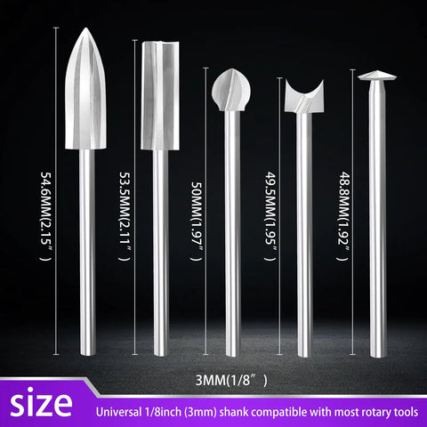 Wood Carving Bits Set For Rotary Tools With 1/8 Inch Shank Five Piece Assortment Of Triple Edge Detail Bead Round Nose V Groove Cleaning