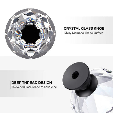 Premium Crystal Cabinet Drawer Knobs With Matte Black Zinc Base Thirty Millimeter Handle top view showing diamond shape and thickened zinc base.