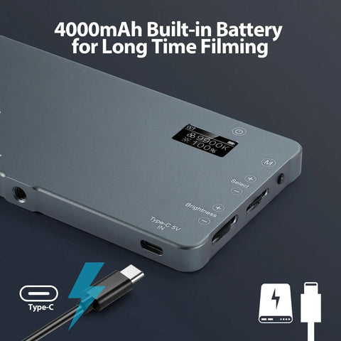 Rechargeable 4000mAh Mountable Bicolor LED Video Light With Mini Panel close-up showing USB-C ports and controls