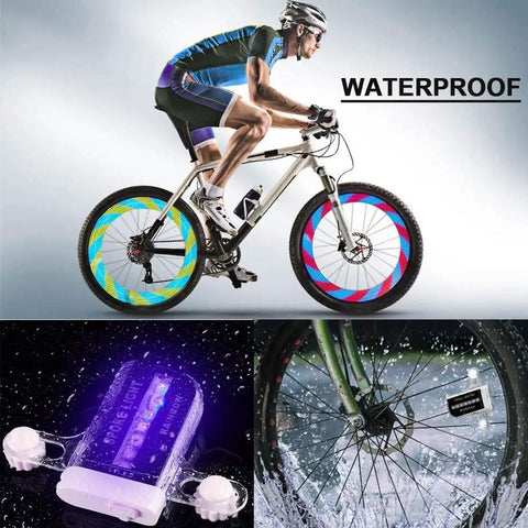 Cyclist using Rechargeable LED Bike Wheel Lights Spoke Lights Waterproof For Night Riding: 30 Pattern LEDs, side view on a wet road.