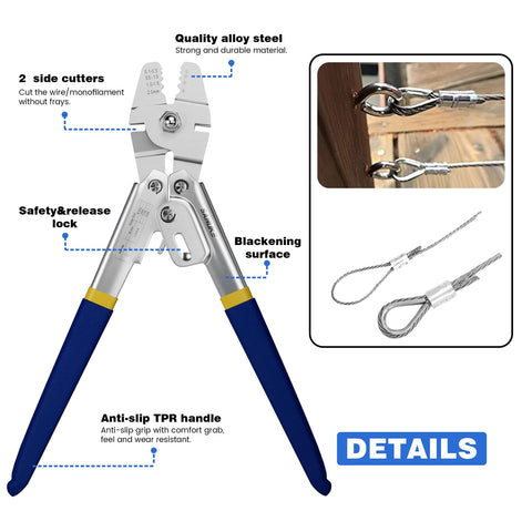 Heavy Duty Wire Rope Crimping Tool Kit For 2.0mm Cable With Aluminum Ferrule Sleeves showing features and design.