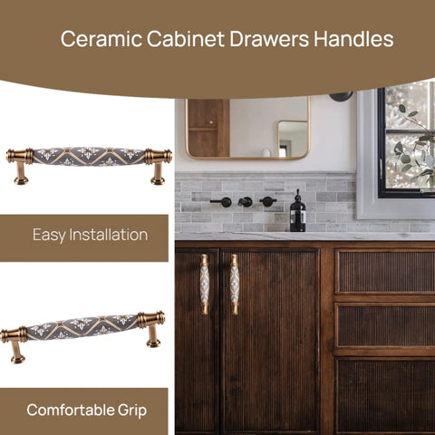 2 Pack Ceramic Cabinet Drawer Handles Vintage Dresser Pulls For Kitchen And Bedroom, 5 Inch Center To Center, Zinc Alloy Hardware