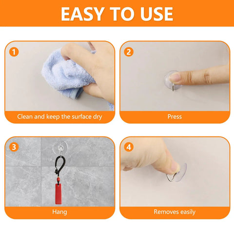 Instructions for using Forty Pack Mini Clear Suction Cup Hooks With Sleek Metal Utility Rings, showing the steps from cleaning to removal.