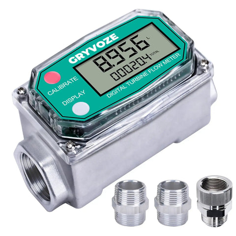 Go-To Three-Quarter Inch Digital Turbine Fuel Flow Meter Inline NPT With 360 Degree Swivel Connector and display