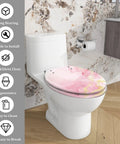 Elongated Toilet Seat Quiet Close Bathroom, pink marble design, fits standard toilets, easy to clean, slow close mechanism.