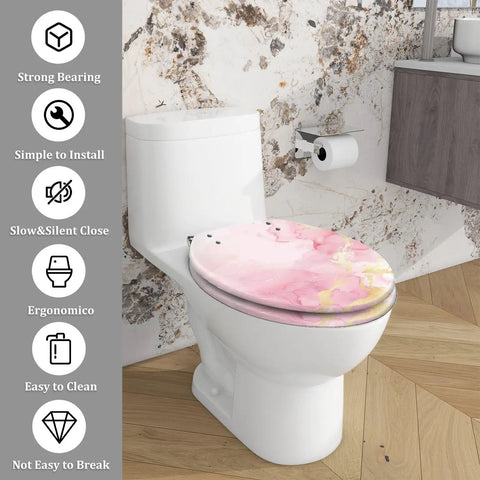 Elongated Toilet Seat Quiet Close Bathroom, pink marble design, fits standard toilets, easy to clean, slow close mechanism.