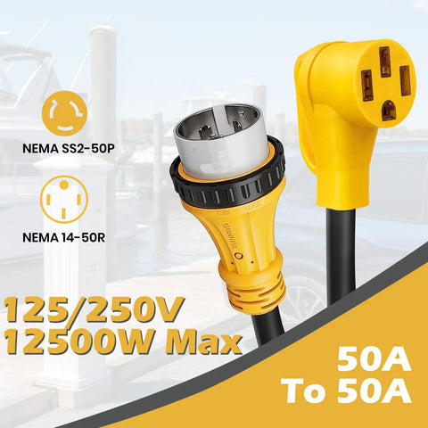 Rock Solid Marine Shore Power To RV EV Adapter connects 50 Amp Dock Outlet to Nema 14-50R, featuring NEMA SS2-50P plug.