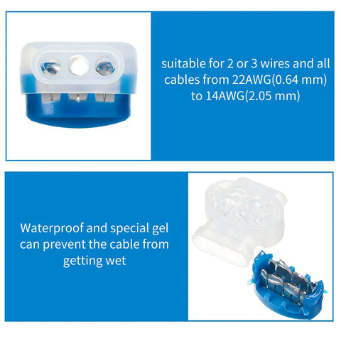 60 Piece 3 Way Wire Connectors Locks Self Stripping IDC Pigtail Connectors For 22-14 AWG Wires showing interior and waterproof gel feature.