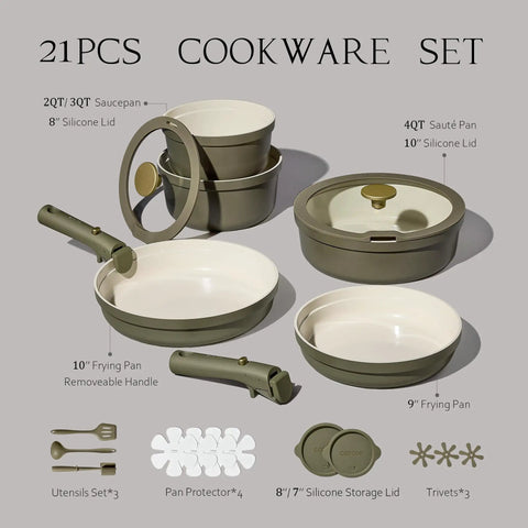 21 Piece Ceramic Cookware Set With Detachable Handles Nonstick Pots And Pans Induction Ready Dishwasher Safe PFAS Free PFOA