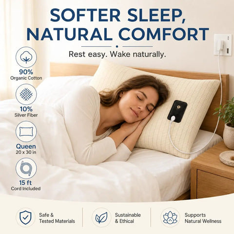 Woman sleeping on Grounding Pillowcase Queen With Conductive Silver Fiber And Organic Cotton For Faster Deeper Sleep Pain Relief