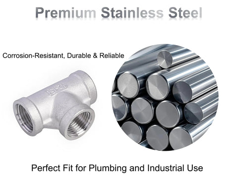 1/2 in NPT stainless steel tee fitting, 304 stainless, 3-way female pipe fitting, pack of 2