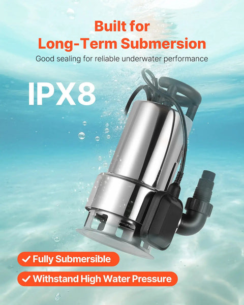 1 HP Submersible Sump Pump With 5500 GPH Flow Stainless Steel Build Automatic Float Switch Long Cord 30 Ft Lift