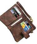 Open view of Must Have Women's Small Bifold Leather Wallet With RFID Blocking And Wristlet Strap, showing card slots and strap, brown.
