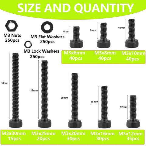 1000Pcs M3 Screws Kit With M3x6mm, M3x8mm, M3x10mm, M3x12mm, M3x16mm, M3x20mm, M3x25mm, M3x30mm Hex Socket Head Bolts 12.9 Grade Black