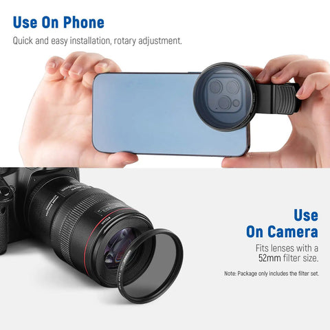 52mm ND CPL Starburst Filter Set With Phone Lens Clamp For iPhone And Canon Nikon Sony Cameras Includes Four Graduated Color Filters