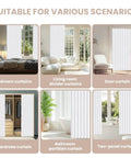 Blackout Magnetic Door Curtain Set With Included Curtain Rods For Patio Door And Accordion Doorway White 42W X 78L 1 Pack Easy Install displayed in various scenarios including bedroom and living room.