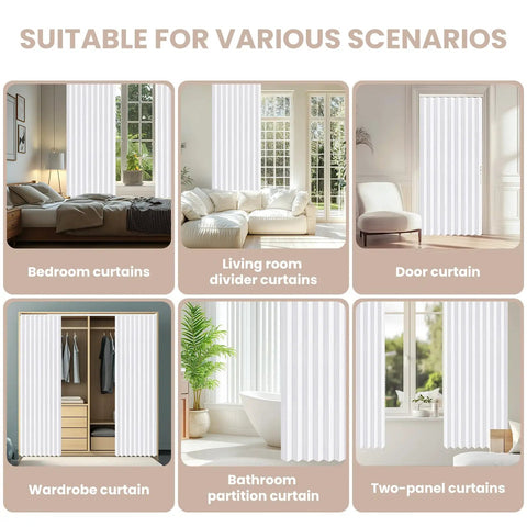 Blackout Magnetic Door Curtain Set With Included Curtain Rods For Patio Door And Accordion Doorway White 42W X 78L 1 Pack Easy Install displayed in various scenarios including bedroom and living room.