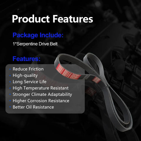 Heavy Duty Serpentine Belt For Honda CrV And Dodge Ram Fit 2004 To 2006 Models on a dark background highlighting features.
