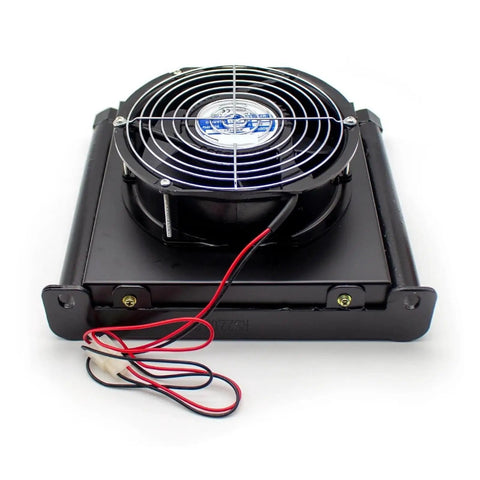 25 Liters Per Minute Hydraulic Oil Cooler With Aluminum Alloy Radiator And Heat Exchanger, 1.35 KW Cooling Capacity, 3 MPa Working Pressure, DC 24V, compact view from top showing fan and cables